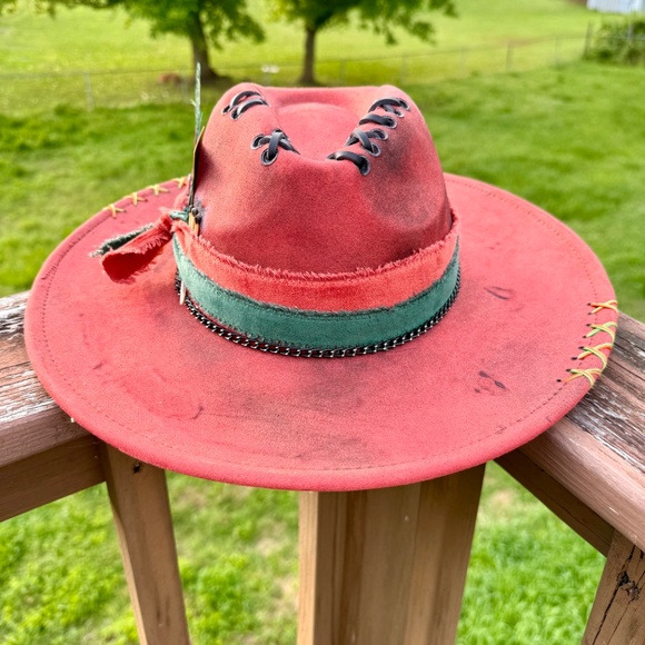 Hand Burned Hat, Whipstitched Kente Cloth Fabric Attached, African Suede Hat